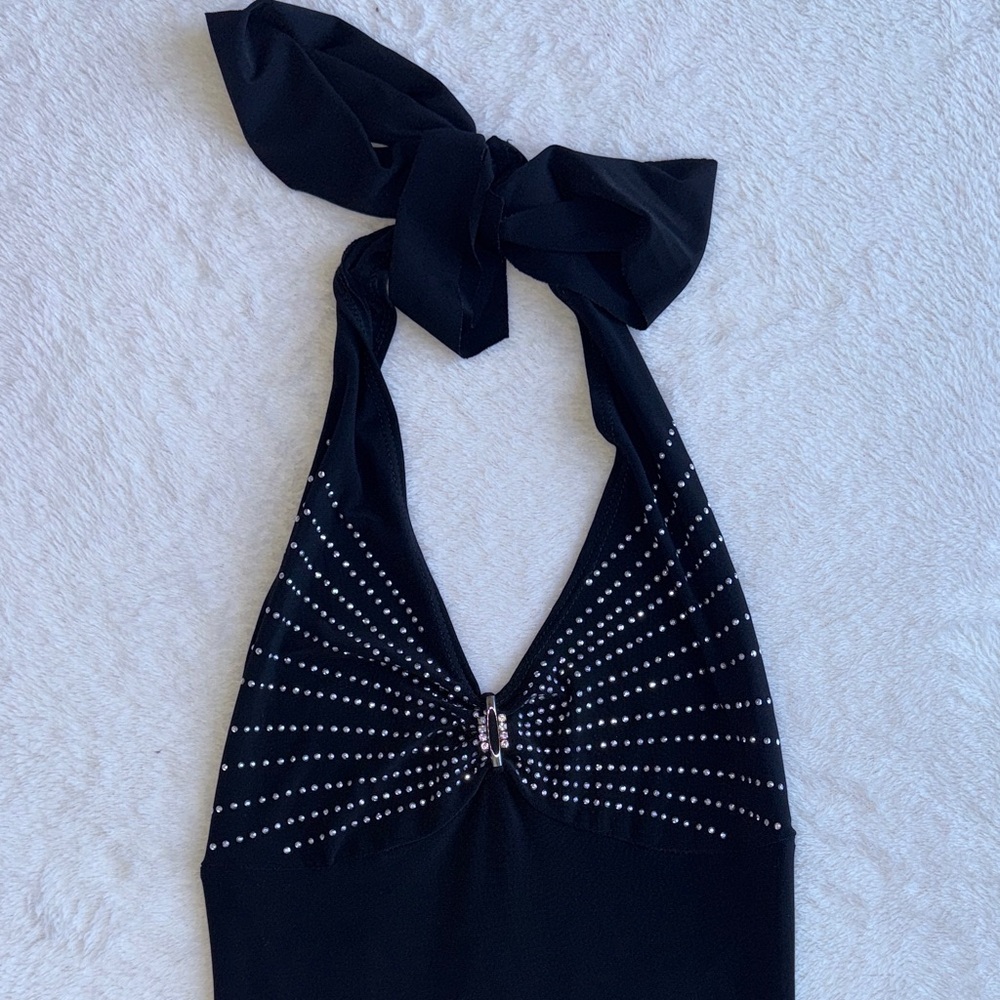 Vintage Elegant Black Halter Dress with Rhinestone Details - Picture 2 of 4